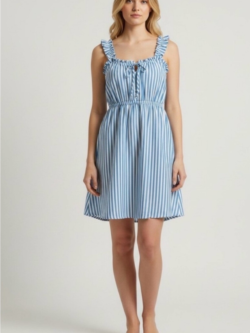 Aerie Blue White Striped Ruffle Strap Mini Dress M Romantic Dainty Nautical Y2K